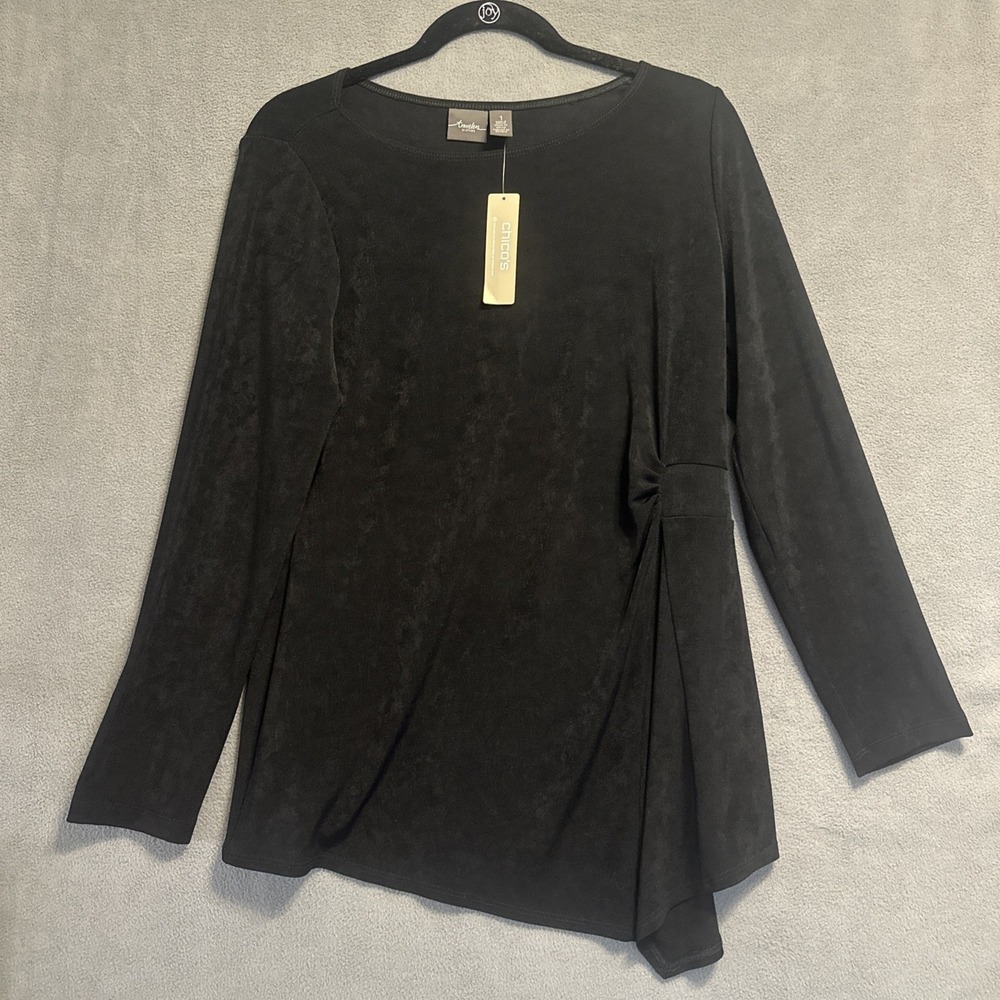 NWT Chico's Travelers Side Drape Asymmetrical Tunic Top Size 1 (US M) Black